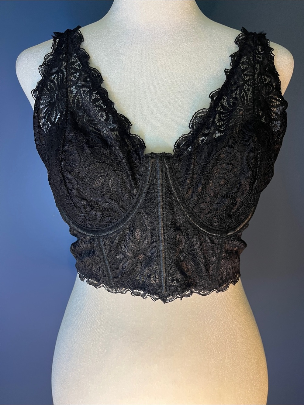 Avid Love: Black Lace Longline Bralette, sheer sexy underwire XL